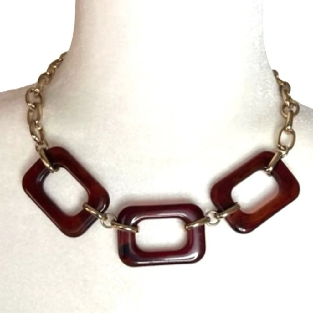 Large Statement Choker Style Acrylic Rectangle Tortoise Necklace - Picture 1 of 9